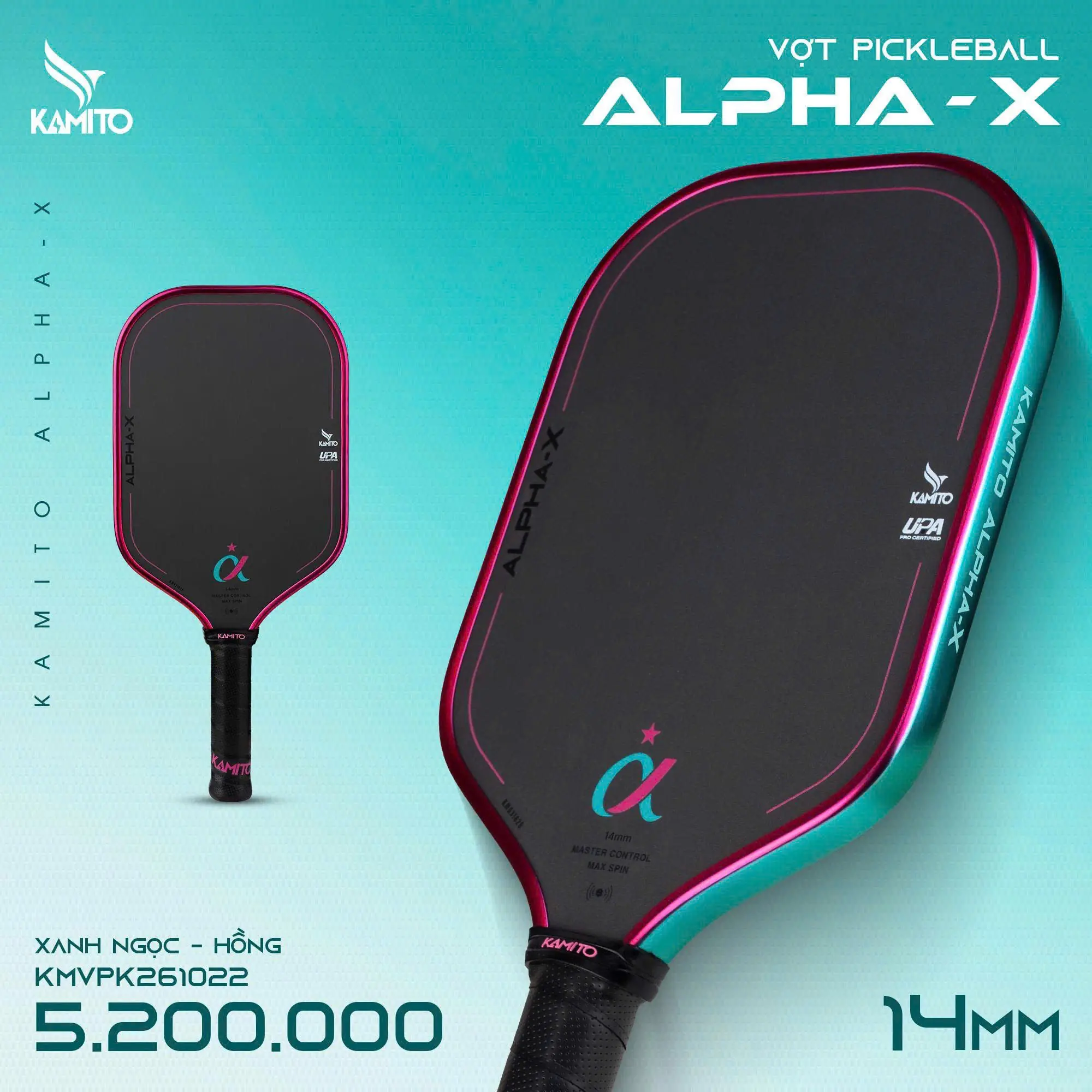 VỢT PICKLEBALL ALPHAX KAMITO (14MM) XANH NGỌC HỒNG